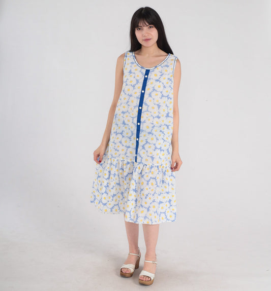 80s Floral Daisy Print Midi Dress Drop Waist Sleeveless Blue White Medium M