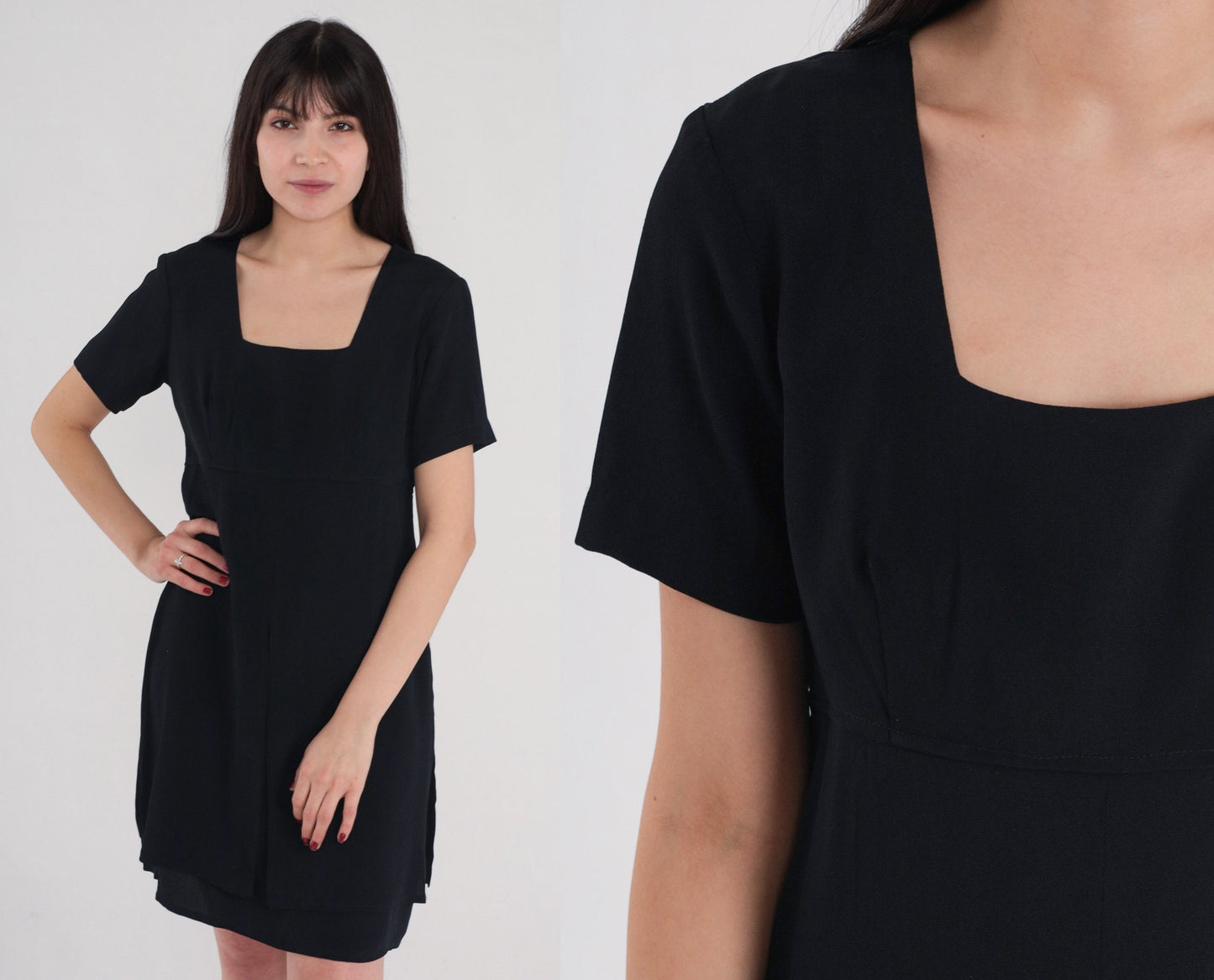 90s Black Mini Shift Dress Empire Waist Square Neckline Small 6
