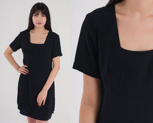 90s Black Mini Shift Dress Empire Waist Square Neckline Small 6