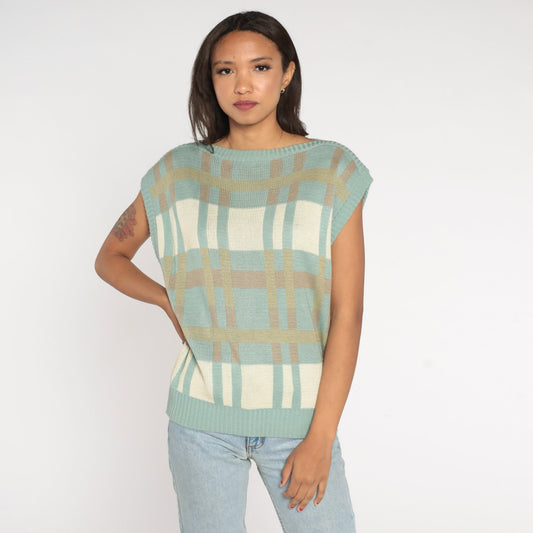 80s Bay Club Seafoam Checkered Knit Boatneck Cap Sleeve Top Medium Large