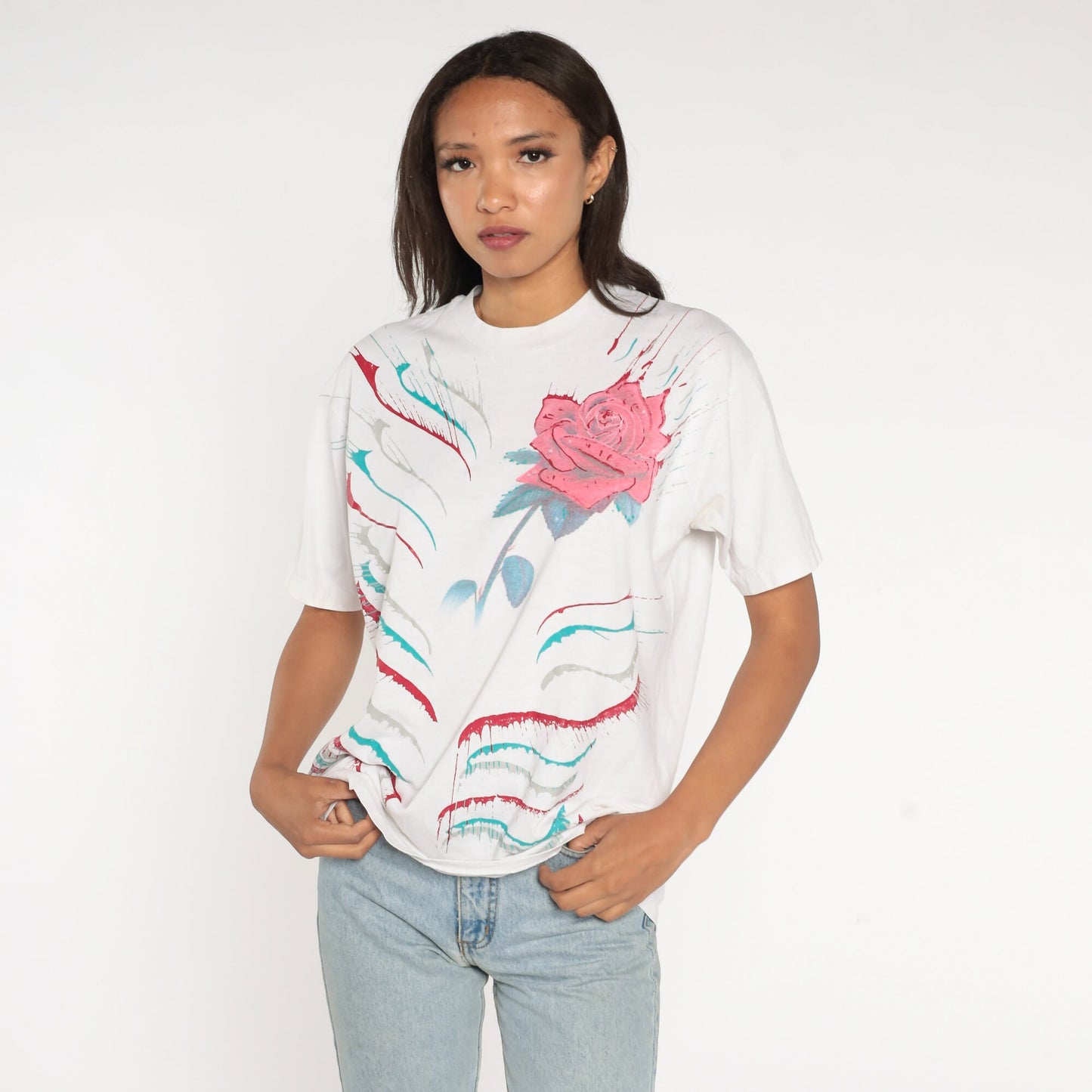 90s Painted Rose Graphic T-Shirt Floral Print White Cotton Medium Large