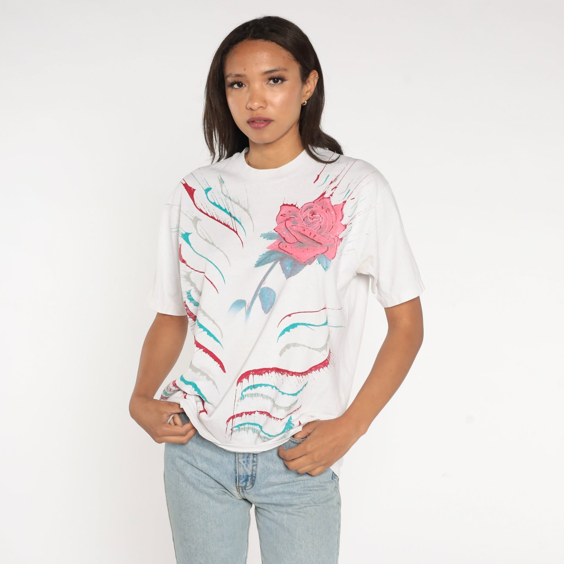 90s Painted Rose Graphic T-Shirt Floral Print White Cotton Medium Large
