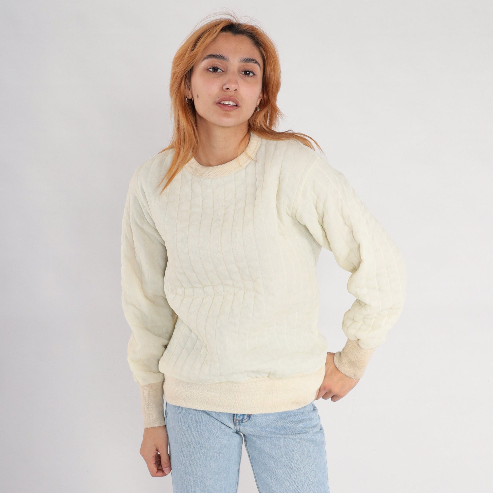 80s Quilted Jacket Liner Cream Nylon Pullover Sweatshirt Medium