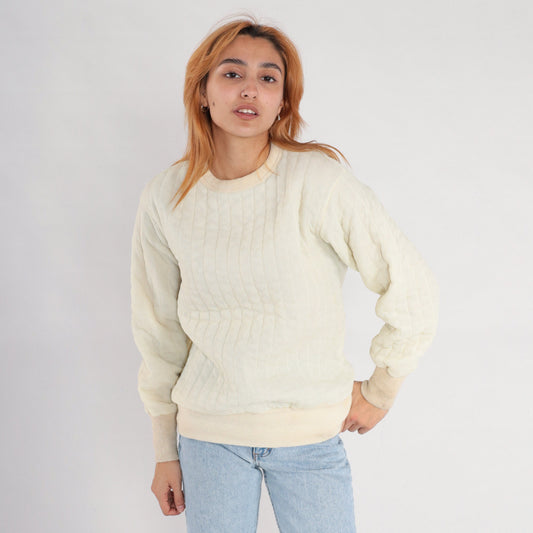 80s Quilted Jacket Liner Cream Nylon Pullover Sweatshirt Medium