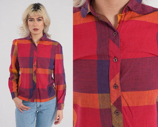 80s Checkered Cotton Puff Sleeve Button-Up Blouse Red Yellow Purple Extra Small