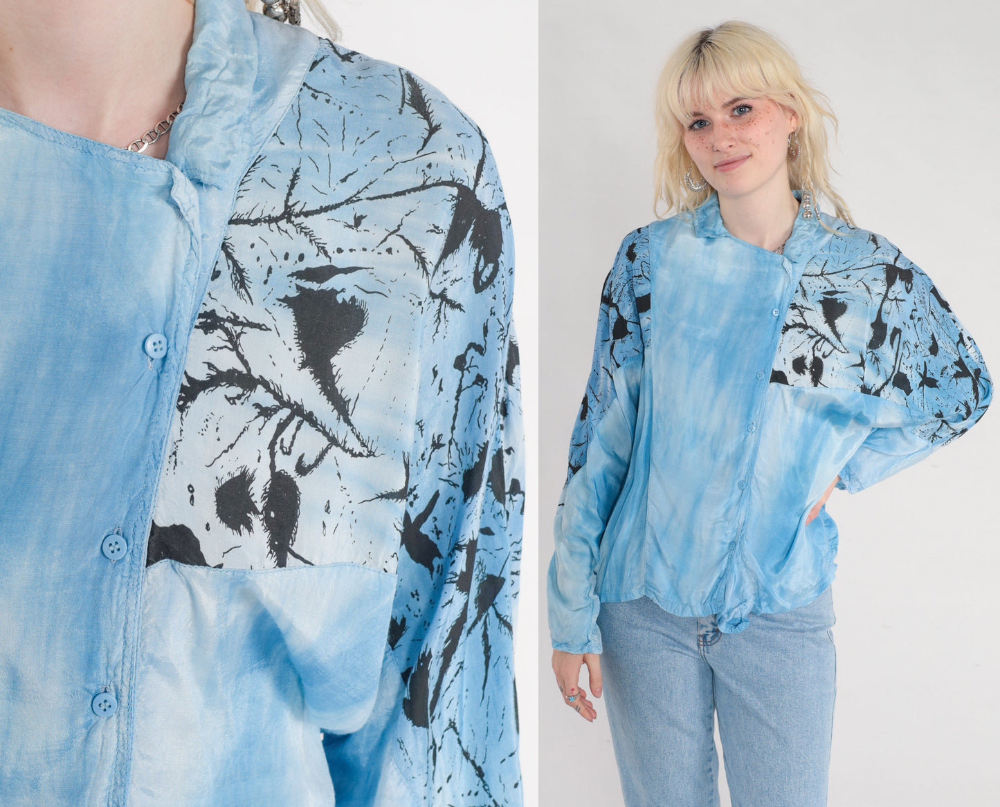 90s Blue Tie Dye Abstract Print Blouse Asymmetrical Dolman Sleeve Large