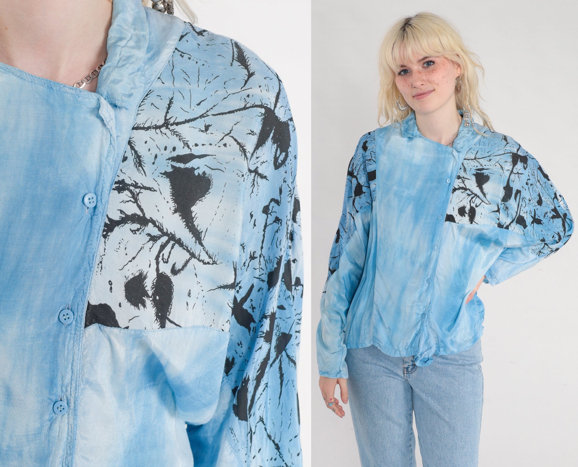 90s Blue Tie Dye Abstract Print Blouse Asymmetrical Dolman Sleeve Large
