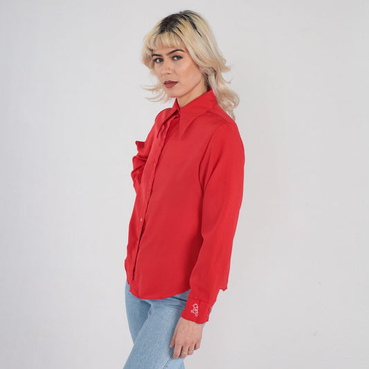 70s Winnie The Pooh Red Button Up Blouse Dagger Collar Embroidered Small S