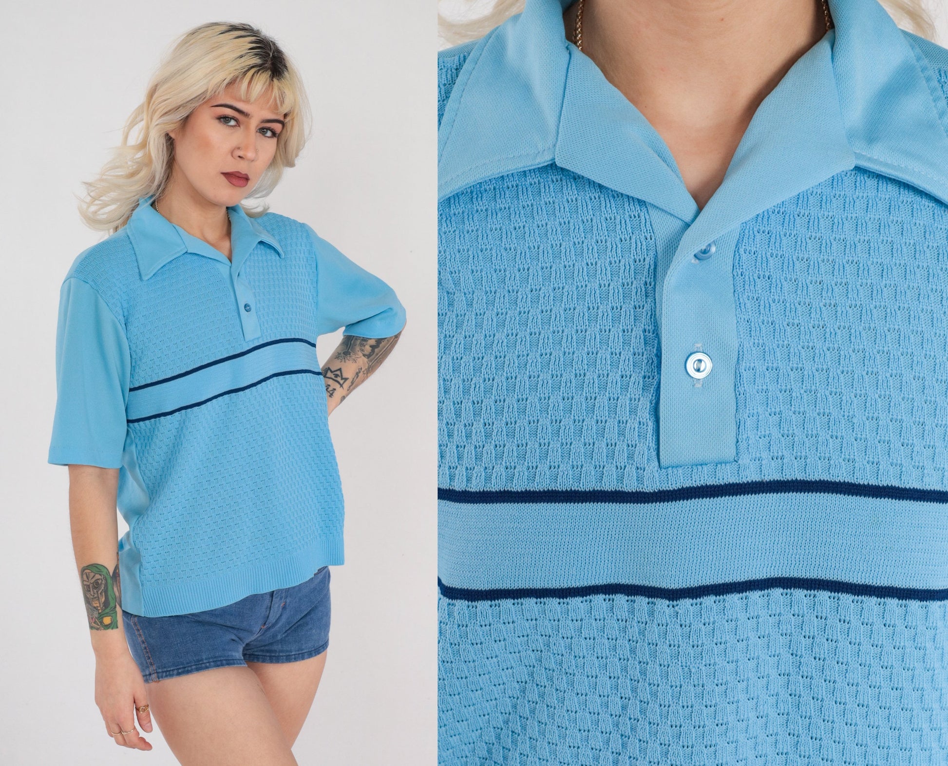 70s Blue Striped Polo Shirt Basket Weave Collared Short Sleeve Medium