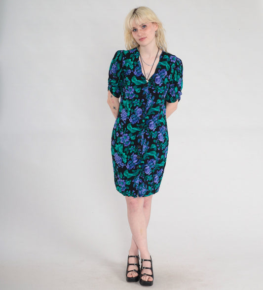 90s All That Jazz Floral Mini Dress Black Puff Sleeve V-Neck Medium