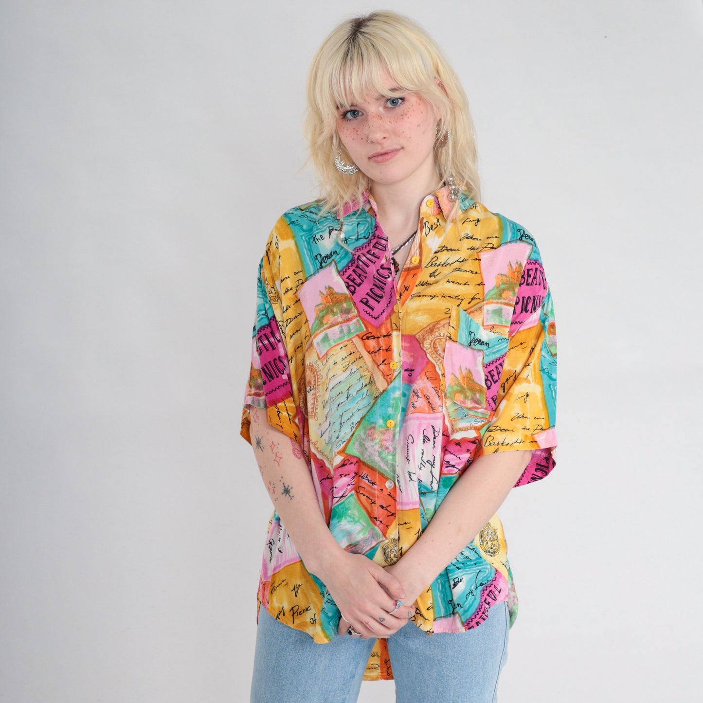 90s Postcard Travel Print Button-Up Blouse Tropical Shirt Multicolor Large L