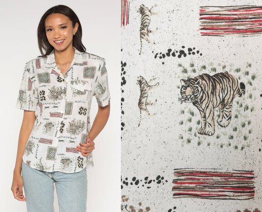 90s Safari Animal Print Button Up Shirt Leopard Tiger Jungle Blouse Small