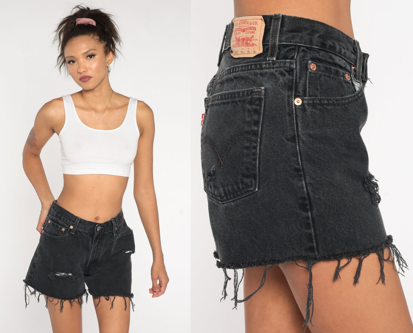Y2K Levi's 550 Black Denim Cutoff Shorts Ripped Frayed Small