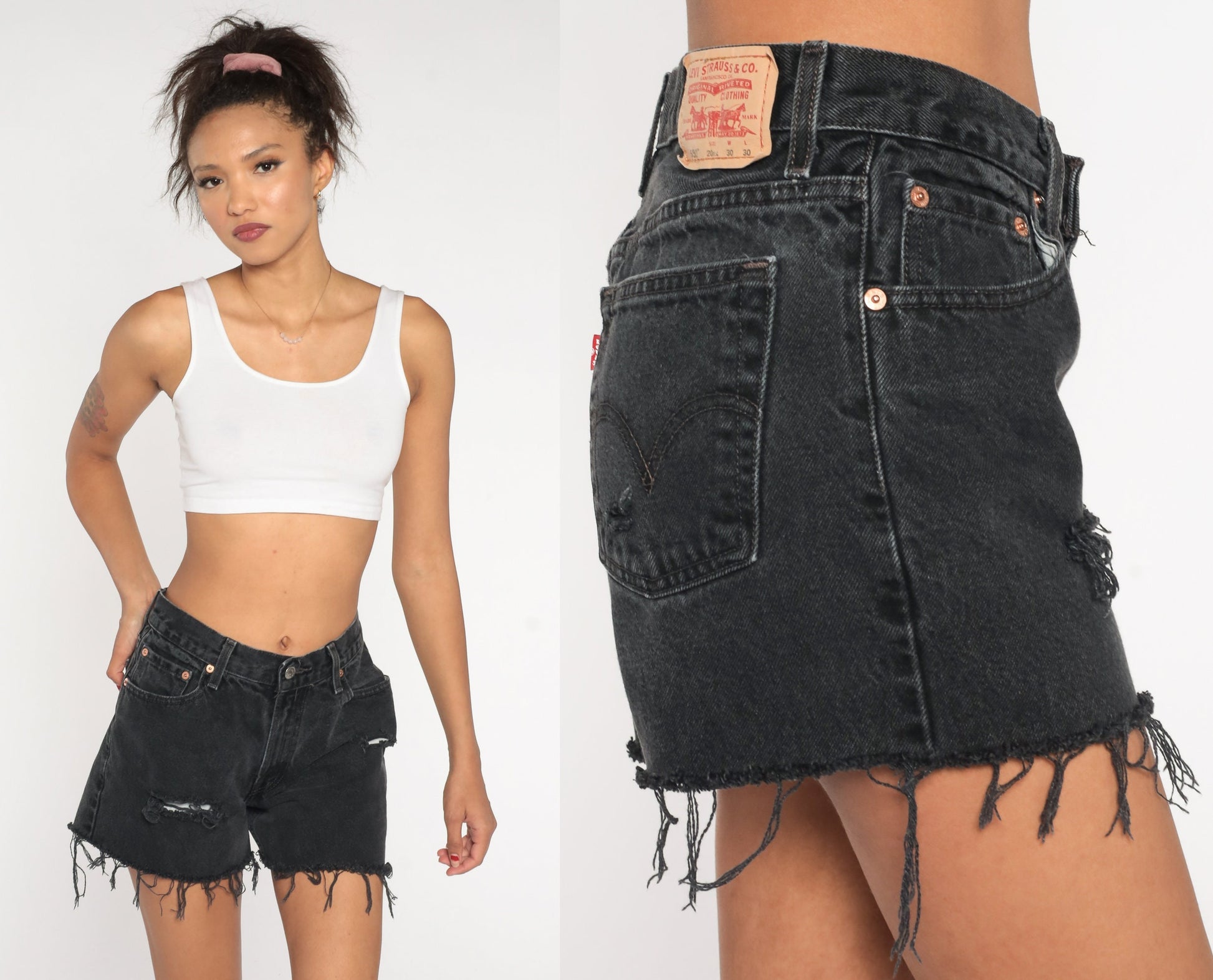 Y2K Levi's 550 Black Denim Cutoff Shorts Ripped Frayed Small