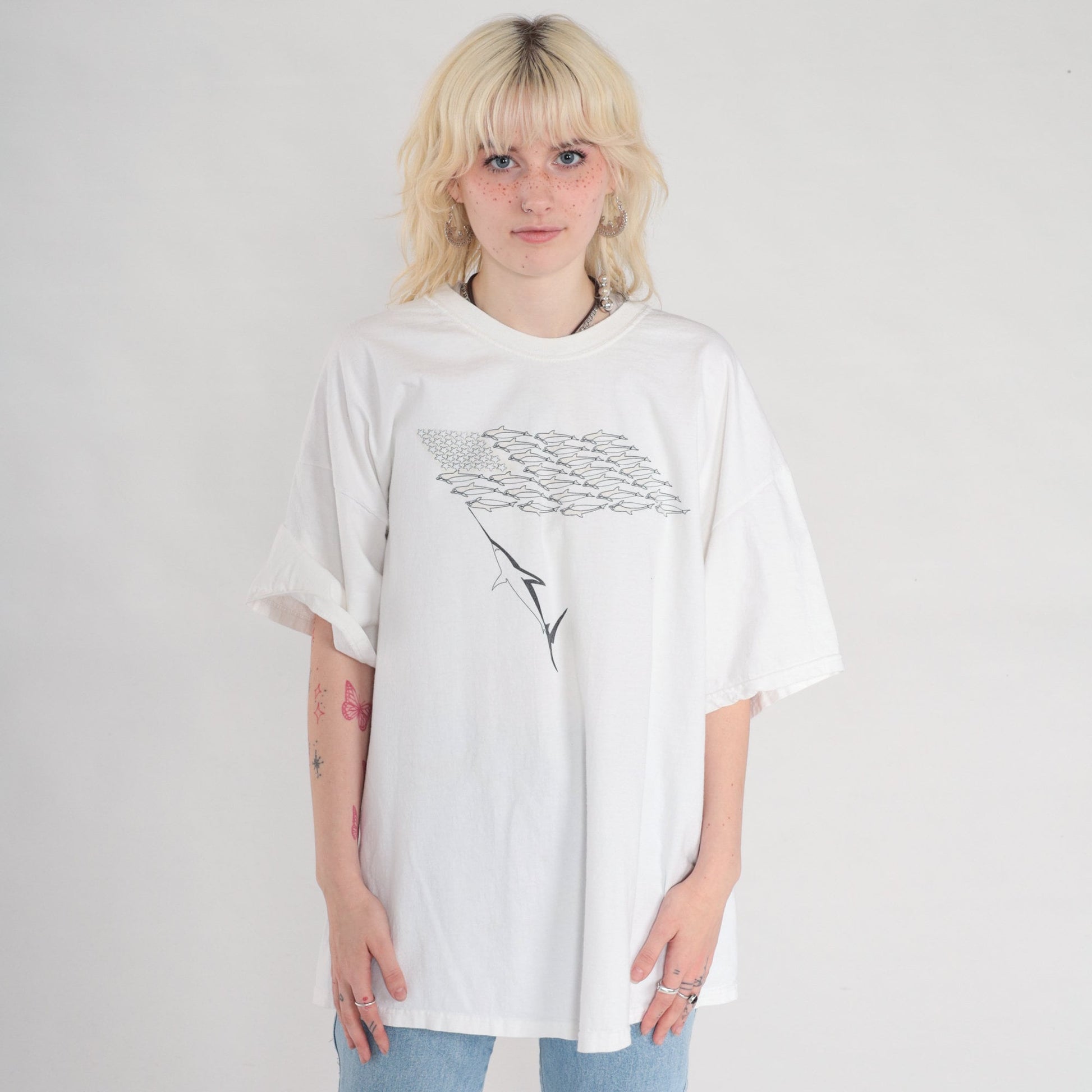 90s Fish Flag Graphic T-Shirt White Cotton Hanes XXL