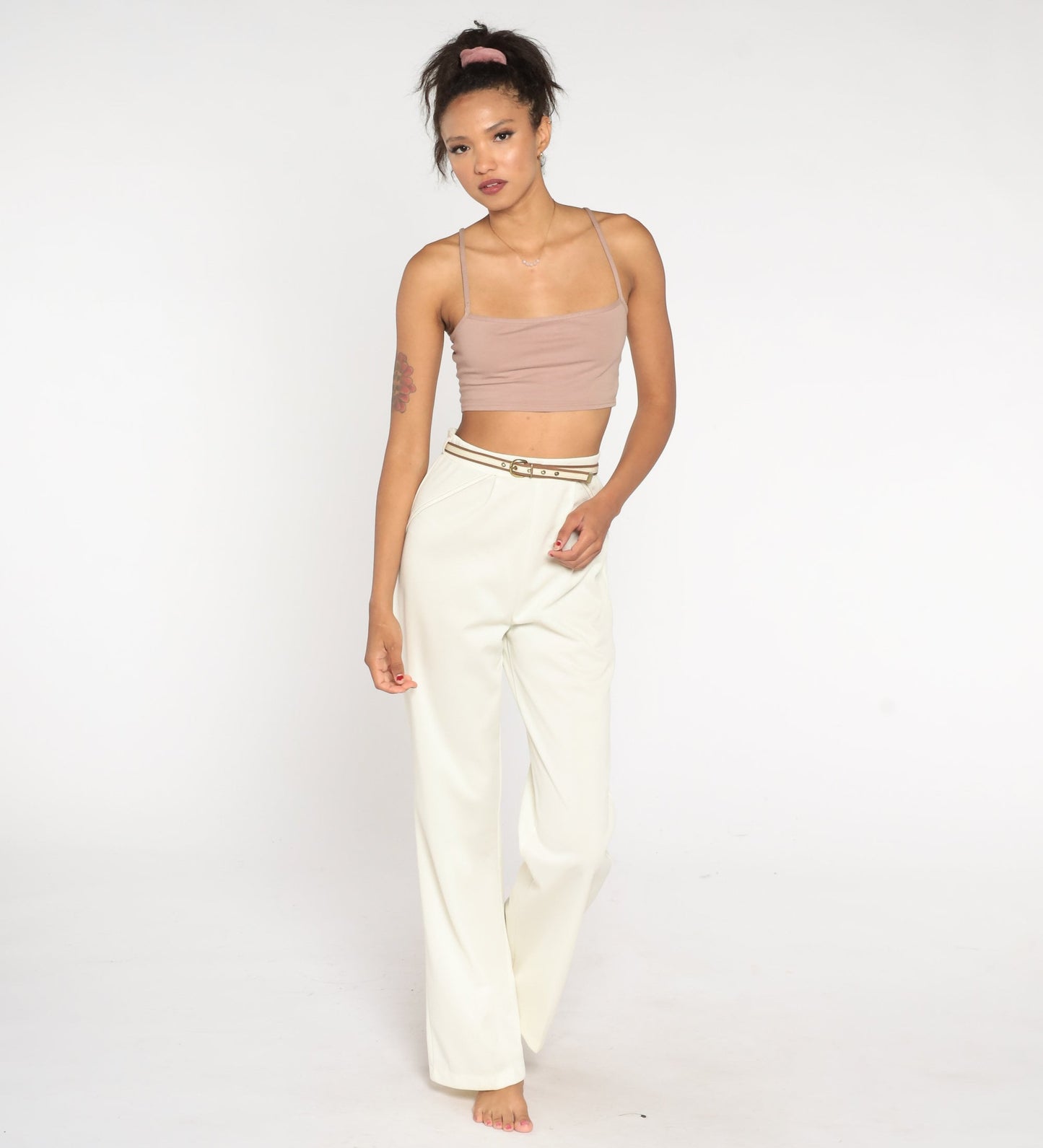 70s White High-Rise Straight Leg Trousers with Belt Medium
