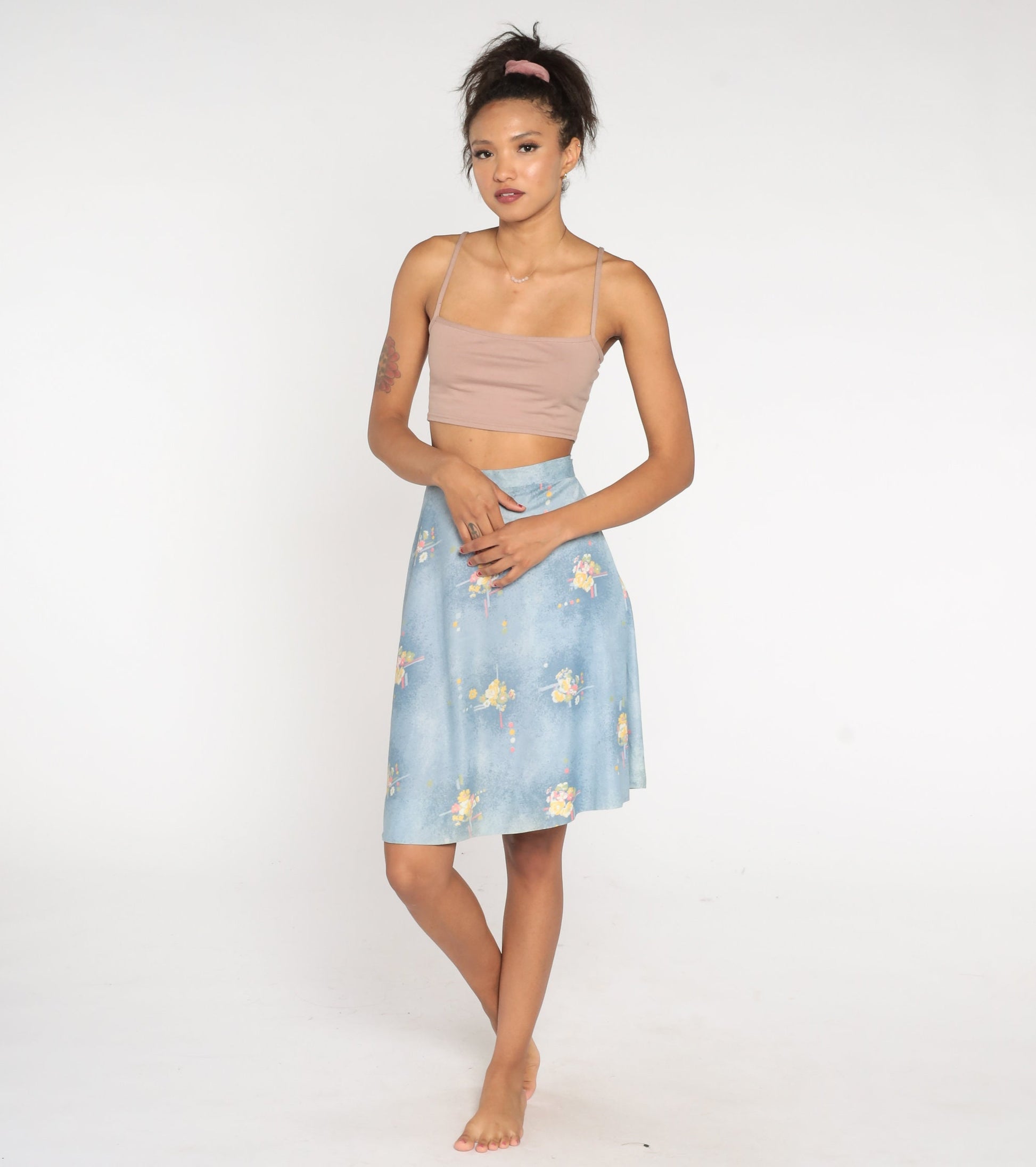 70s Blue Floral Wrap Skirt High Waist Mini Adjustable Belt Small Medium