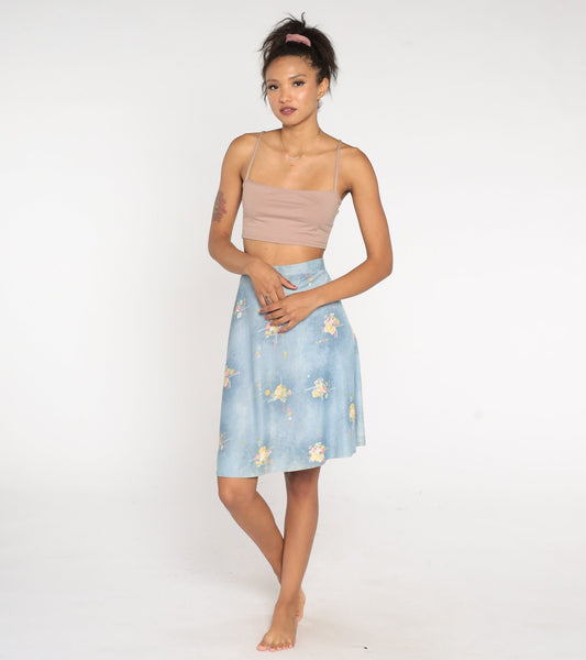 70s Blue Floral Wrap Skirt High Waist Mini Adjustable Belt Small Medium