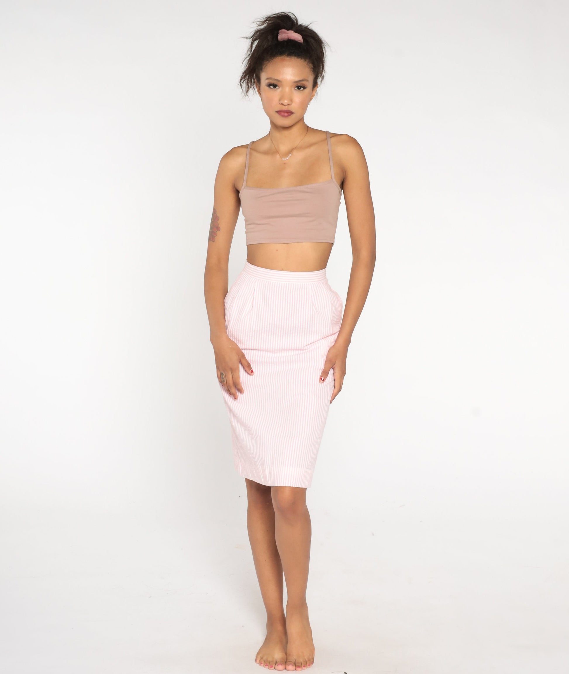 80s Seersucker Striped Midi Skirt Pink White High Waist Pencil Extra Small