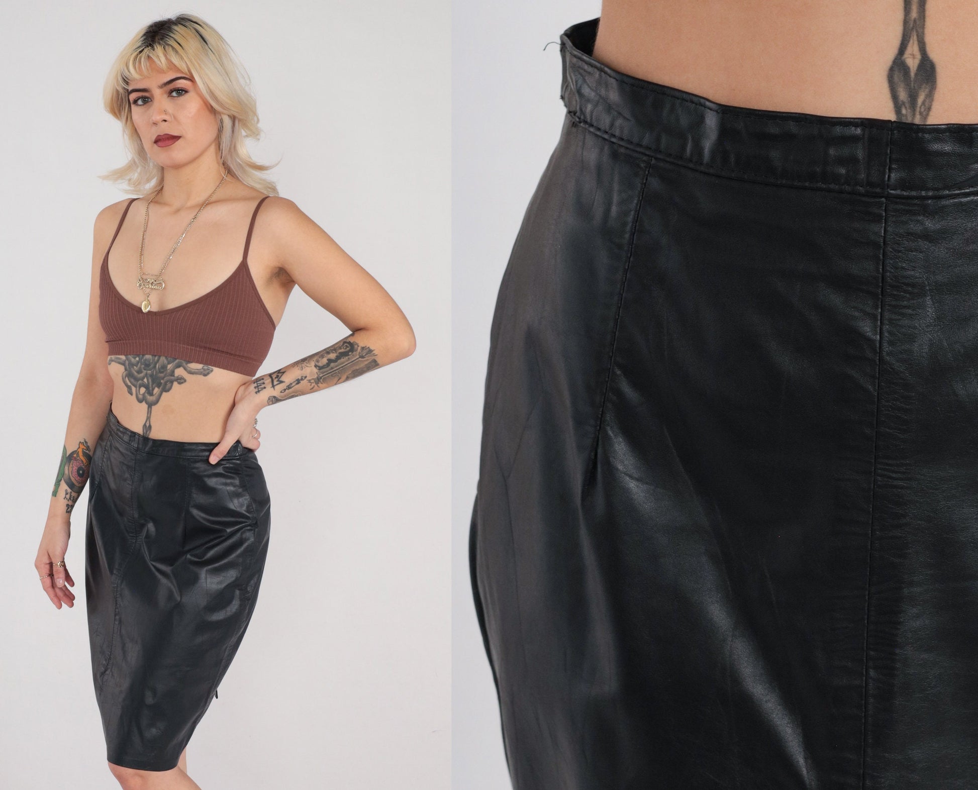 90s Black Leather Mini Pencil Skirt High Rise Small S