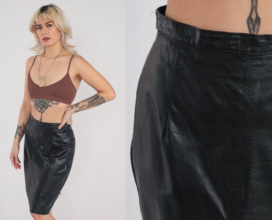 90s Black Leather Mini Pencil Skirt High Rise Small S