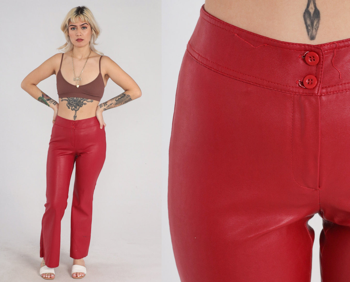 90s Red Vinyl Bell Bottom Pants Flared Trousers Mid Rise Small S