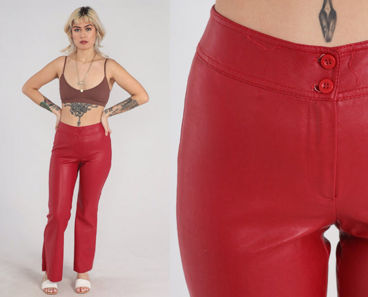 90s Red Vinyl Bell Bottom Pants Flared Trousers Mid Rise Small S