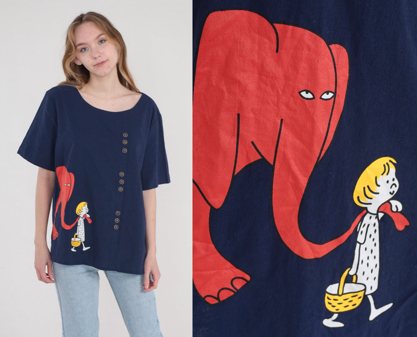 Y2K Cartoon Elephant Graphic T-Shirt Navy Blue Buttons Extra Extra Large XXL