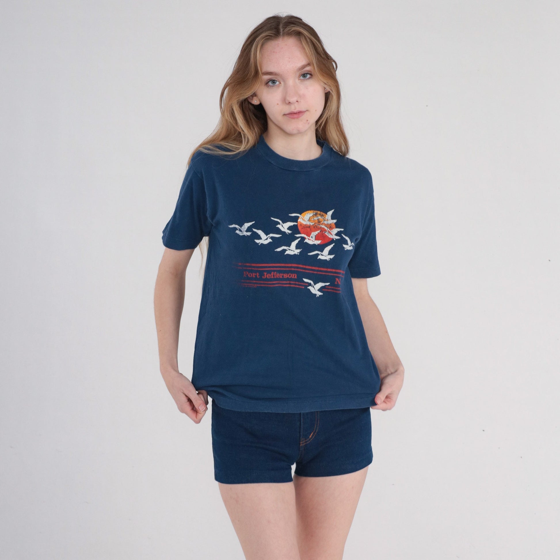 80s Port Jefferson New York Seagull Sunset Graphic T-Shirt Navy Single Stitch Small
