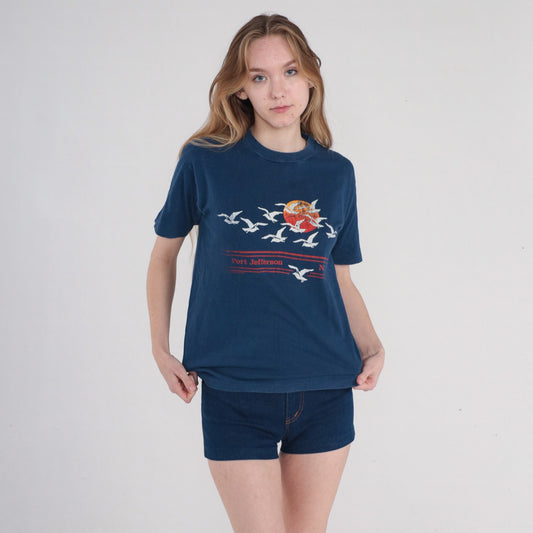 80s Port Jefferson New York Seagull Sunset Graphic T-Shirt Navy Single Stitch Small