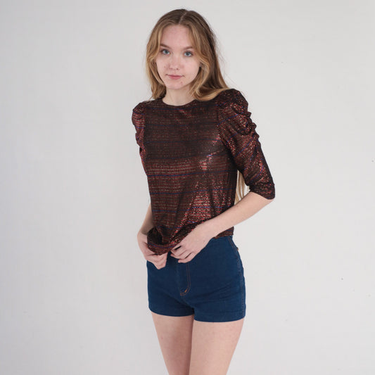 80s Metallic Striped Puff Sleeve Blouse Semi-Sheer Red Blue Black Gold Extra Small