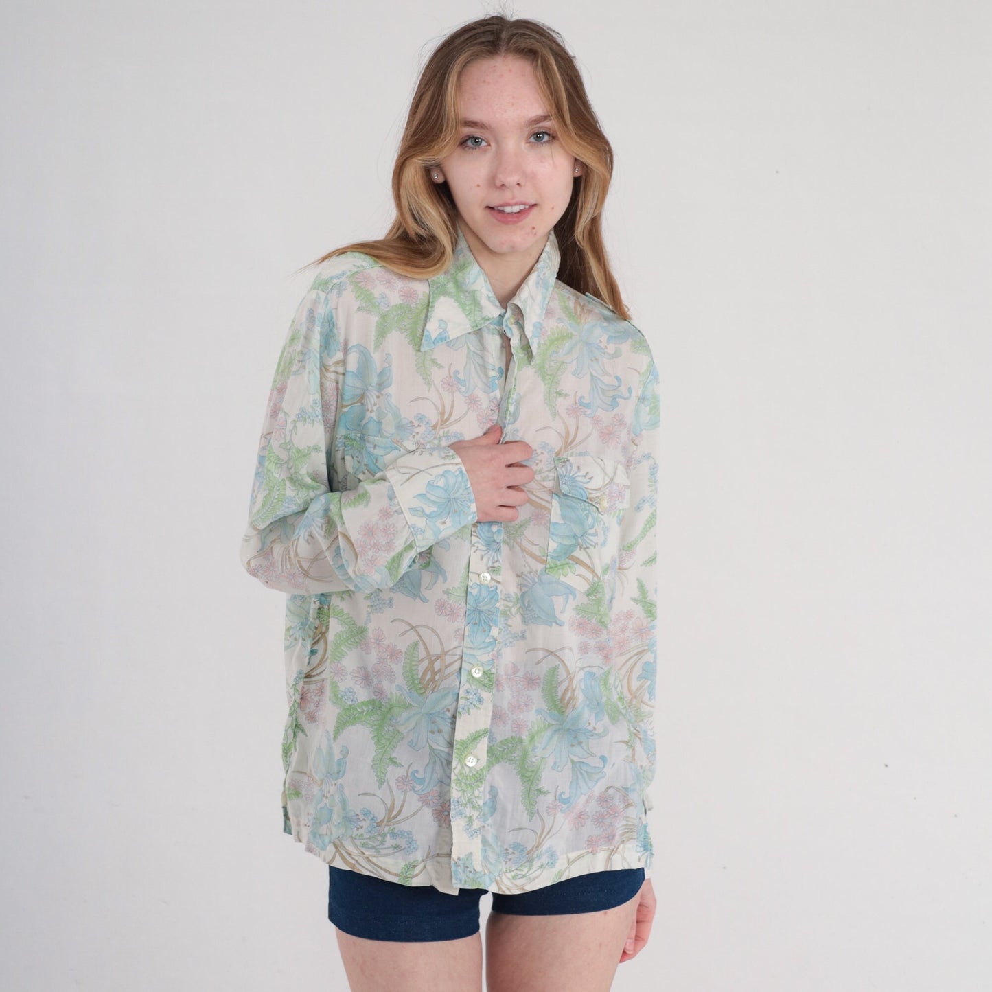 70s Botanical Floral Button-Up Shirt Fern Leaf Print Long Sleeve Large L