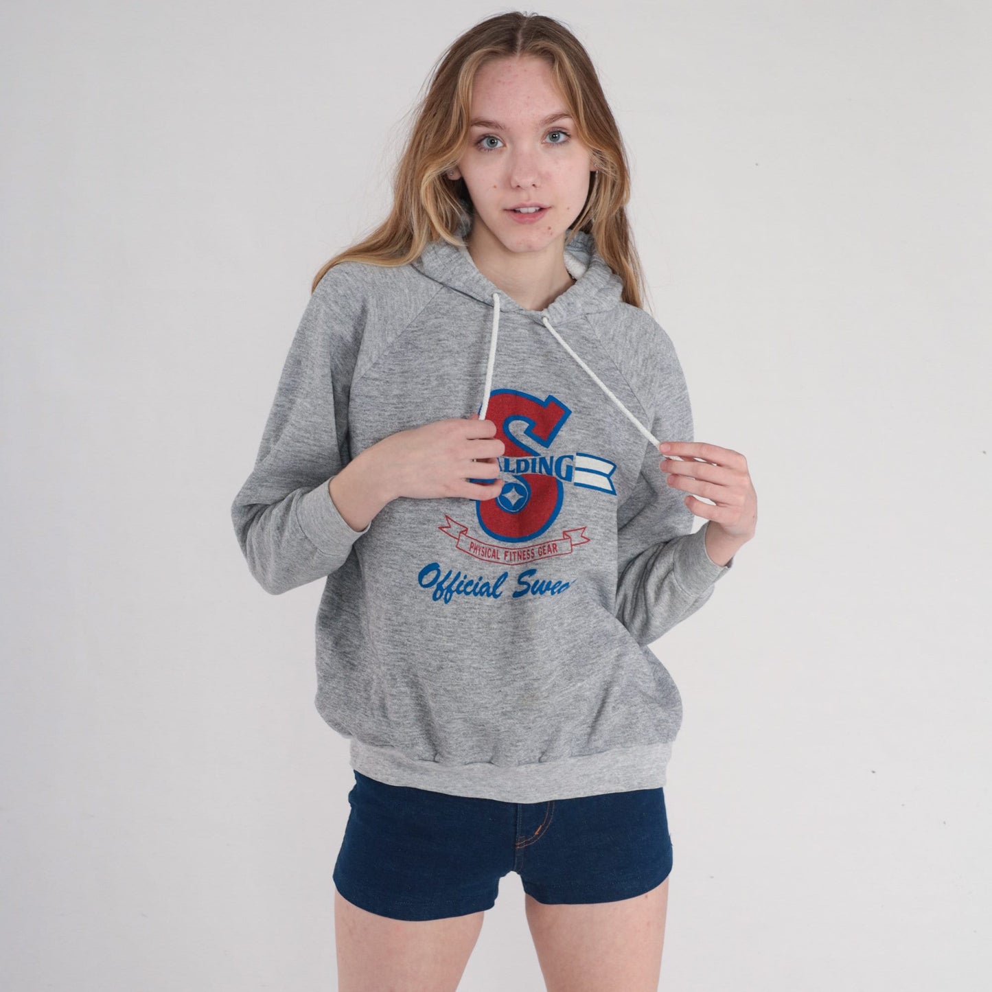 90s Spalding Hoodie Heather Grey Raglan Athletic Logo Pullover Medium