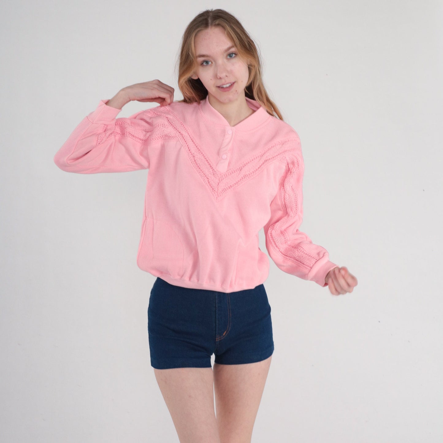 80s Pink Cable Knit Henley Sweatshirt Snap Pullover Small