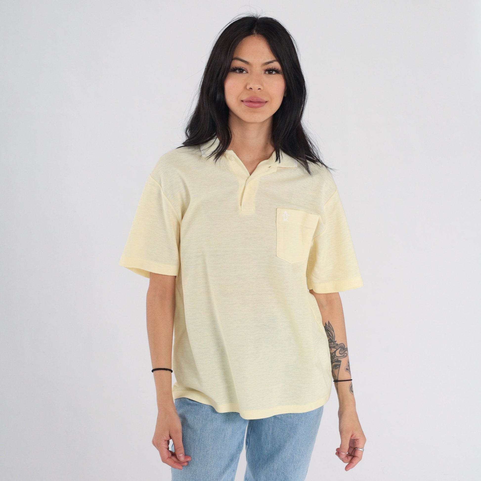 90s Munsingwear Polo Shirt Yellow Penguin Logo Collared Tee Medium M