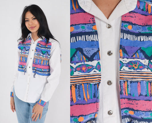 90s Southwestern Button-Up Blouse White Concho Yoke Layered Print Medium