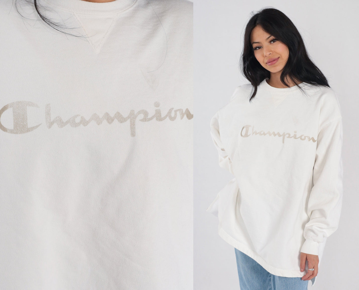 Y2K Champion Logo Long Sleeve T-Shirt White Cotton Graphic Tee Extra Large XXL