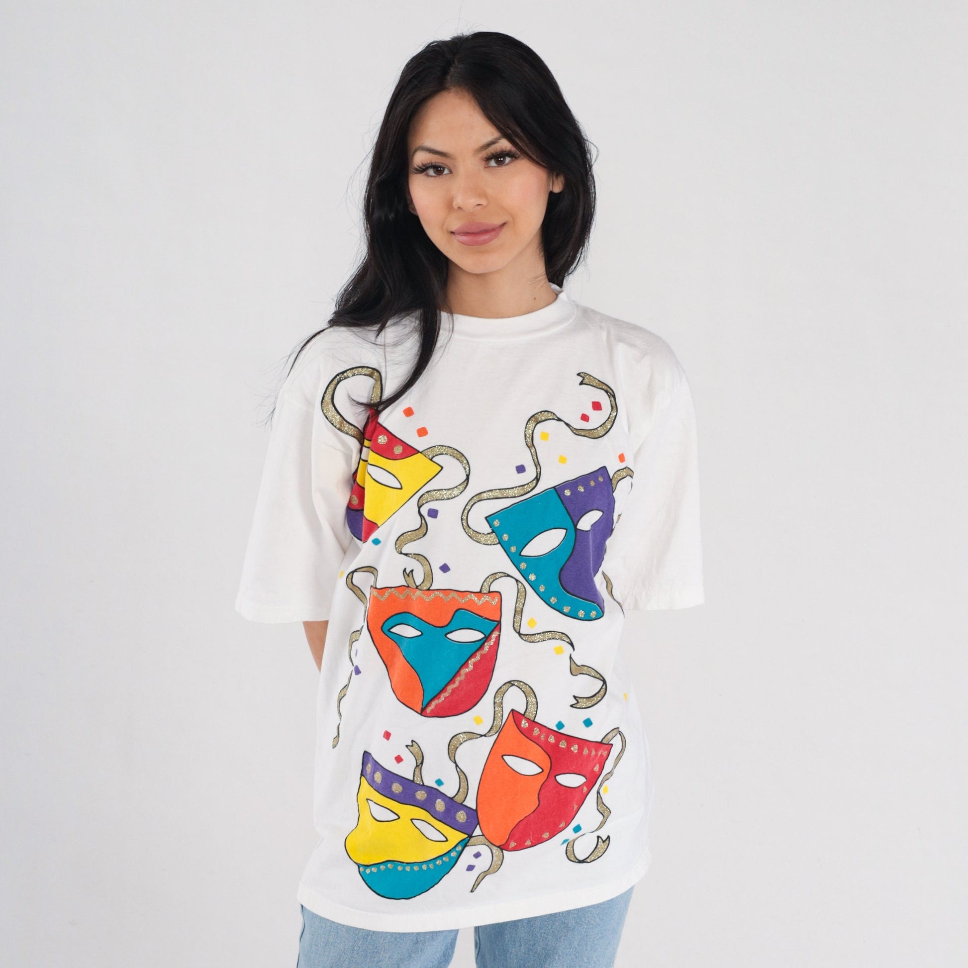 90s Glitter Drama Masks Graphic T-Shirt White Sparkly Theater Tee Small