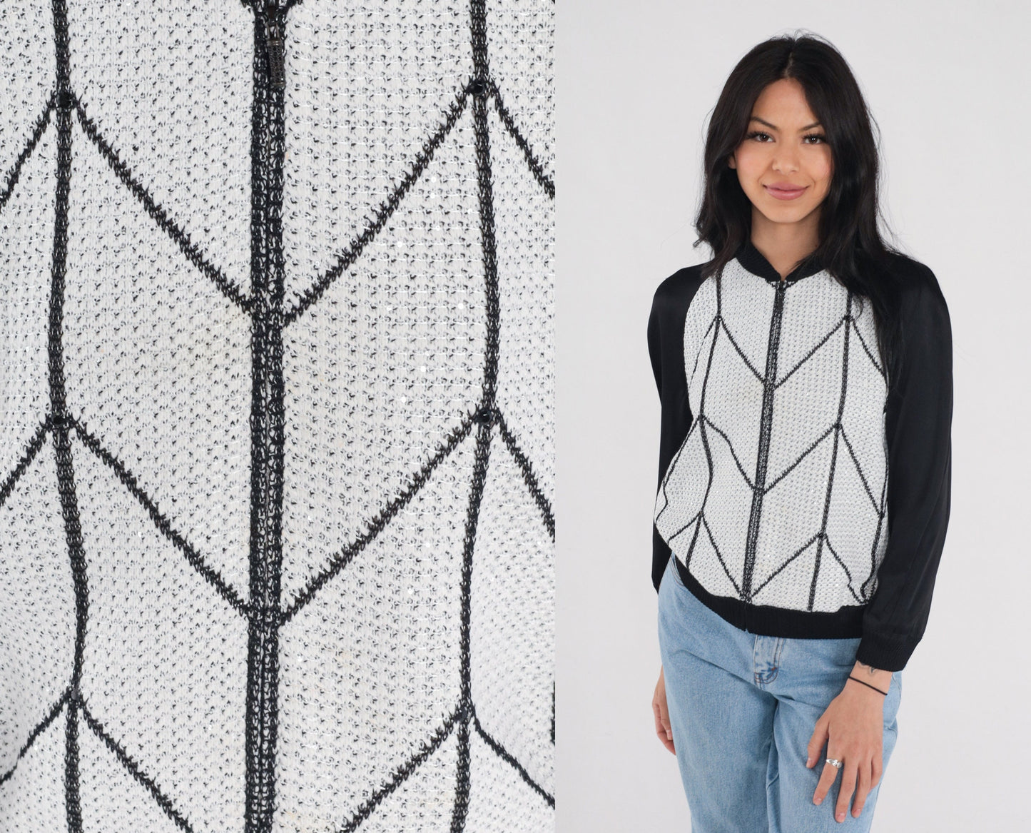 St John Couture Y2K Zip Cardigan Black White Chevron Sequin Silk Blend Small S