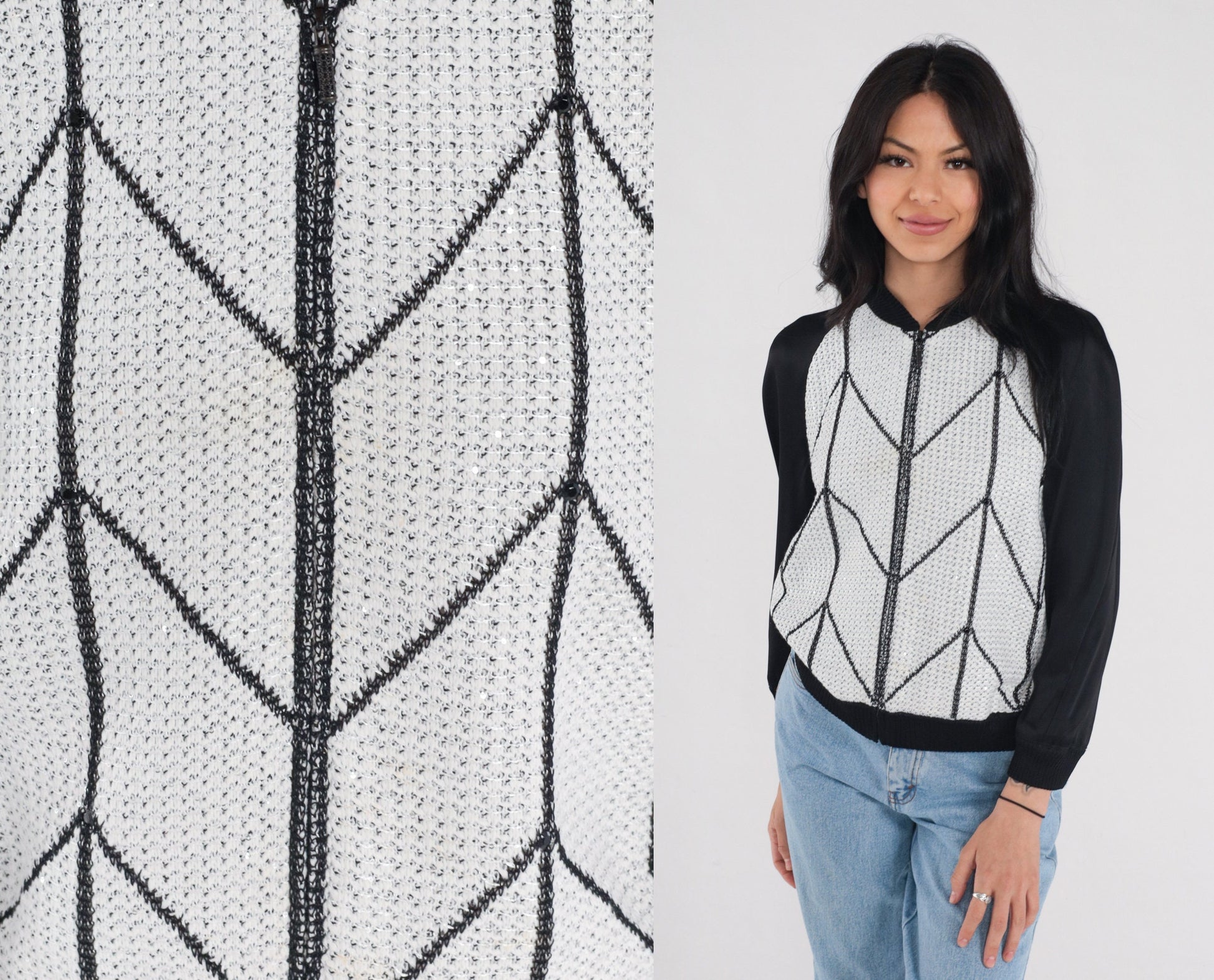 St John Couture Y2K Zip Cardigan Black White Chevron Sequin Silk Blend Small S