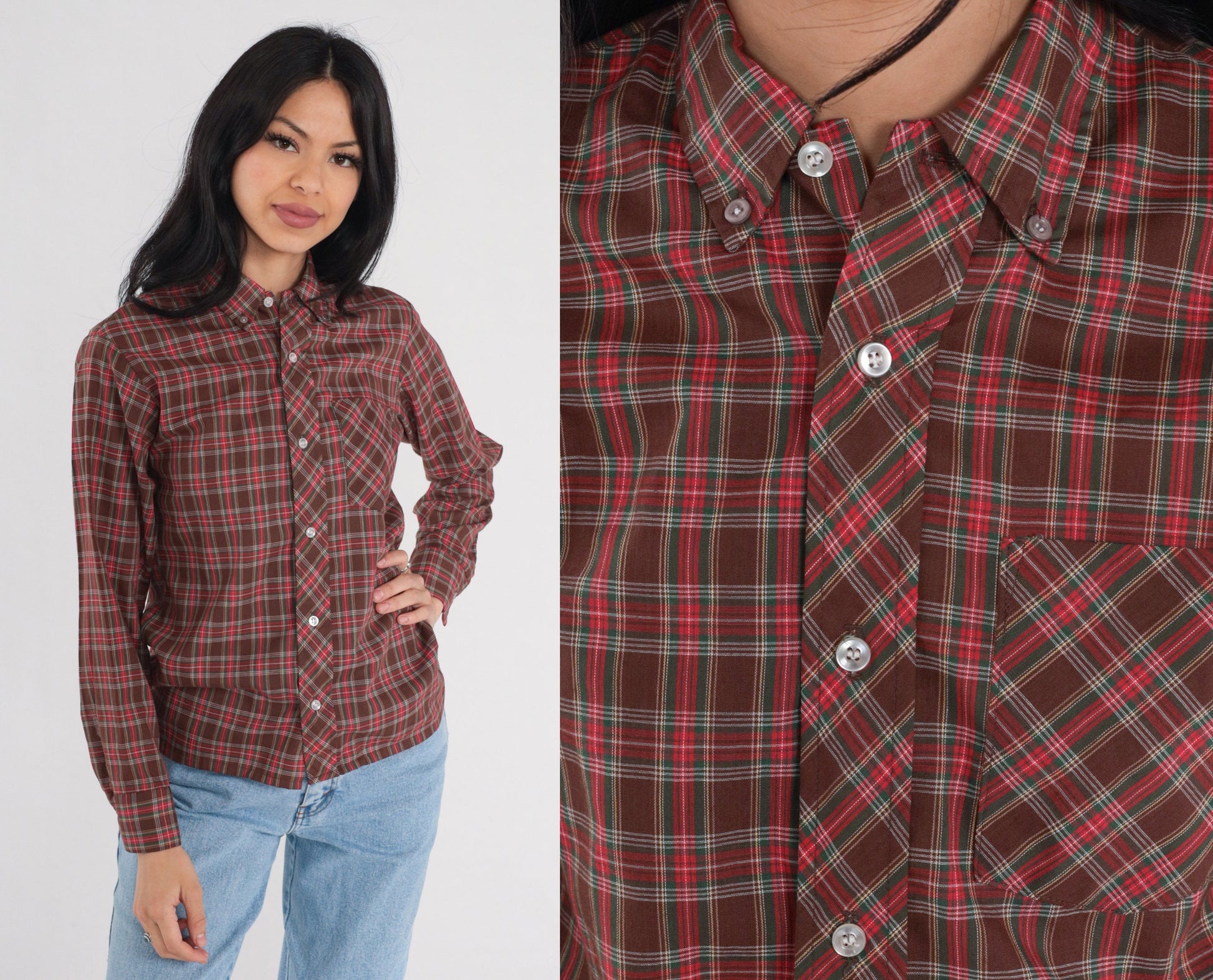 80s Clan Tartans Brown Plaid Button-Up Shirt Long Sleeve Extra Small