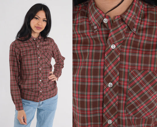 80s Clan Tartans Brown Plaid Button-Up Shirt Long Sleeve Extra Small