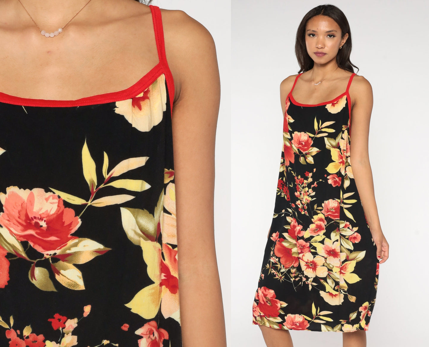 Y2K Hawaiian Floral Midi Dress Black Spaghetti Strap Tropical Print Large L