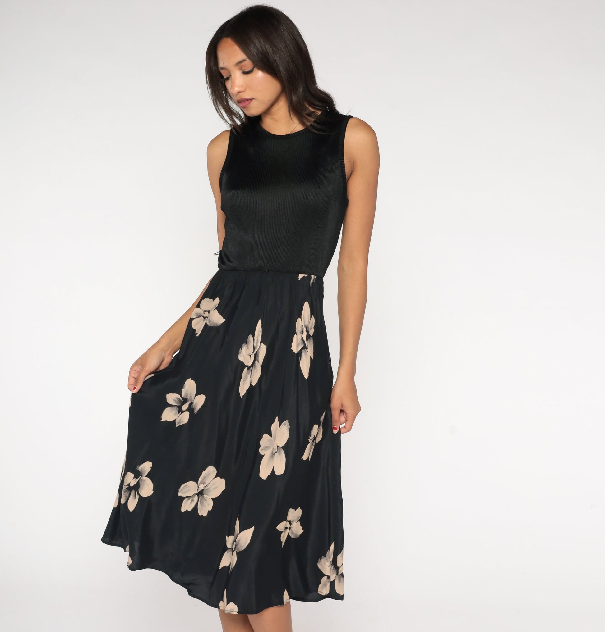 90s Black Floral Midi Dress Ribbed High Waist Sleeveless Small Medium