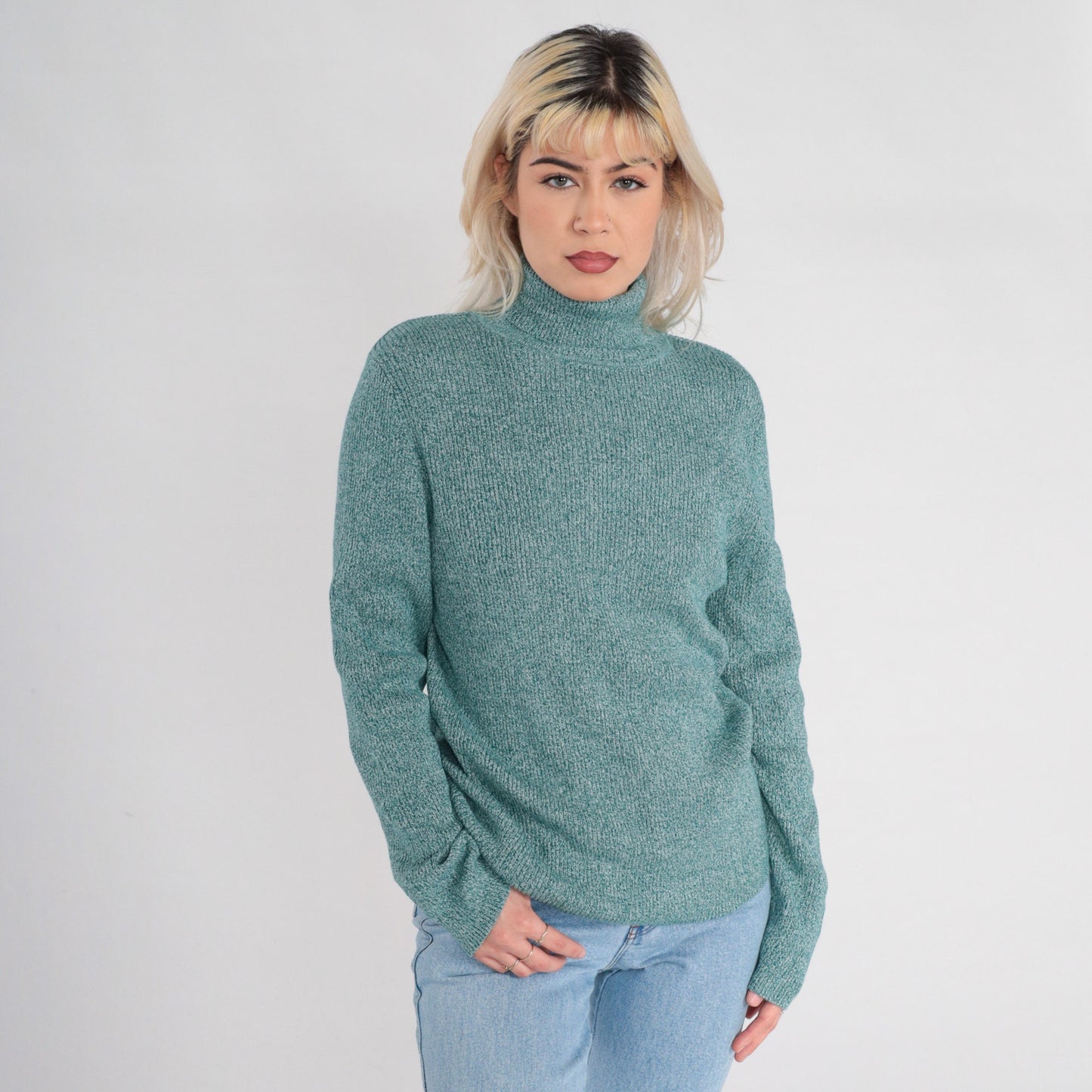 00s Green Flecked Ribbed Knit Turtleneck Cotton Long Sleeve Extra Large XL