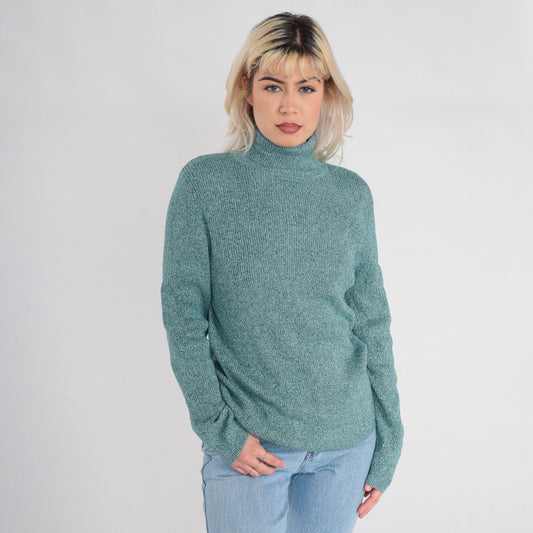 00s Green Flecked Ribbed Knit Turtleneck Cotton Long Sleeve Extra Large XL