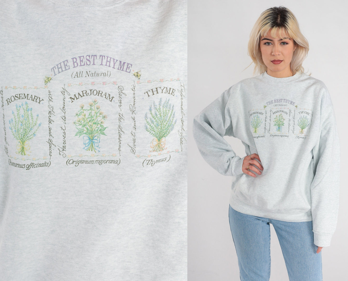 90s The Best Thyme Herb Graphic Sweatshirt Heather Grey Crewneck Large L