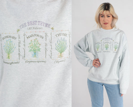 90s The Best Thyme Herb Graphic Sweatshirt Heather Grey Crewneck Large L
