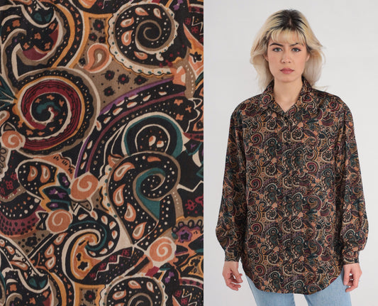 90s Silk Button-Up Blouse Abstract Paisley Swirl Print Brown Long Sleeve Small S