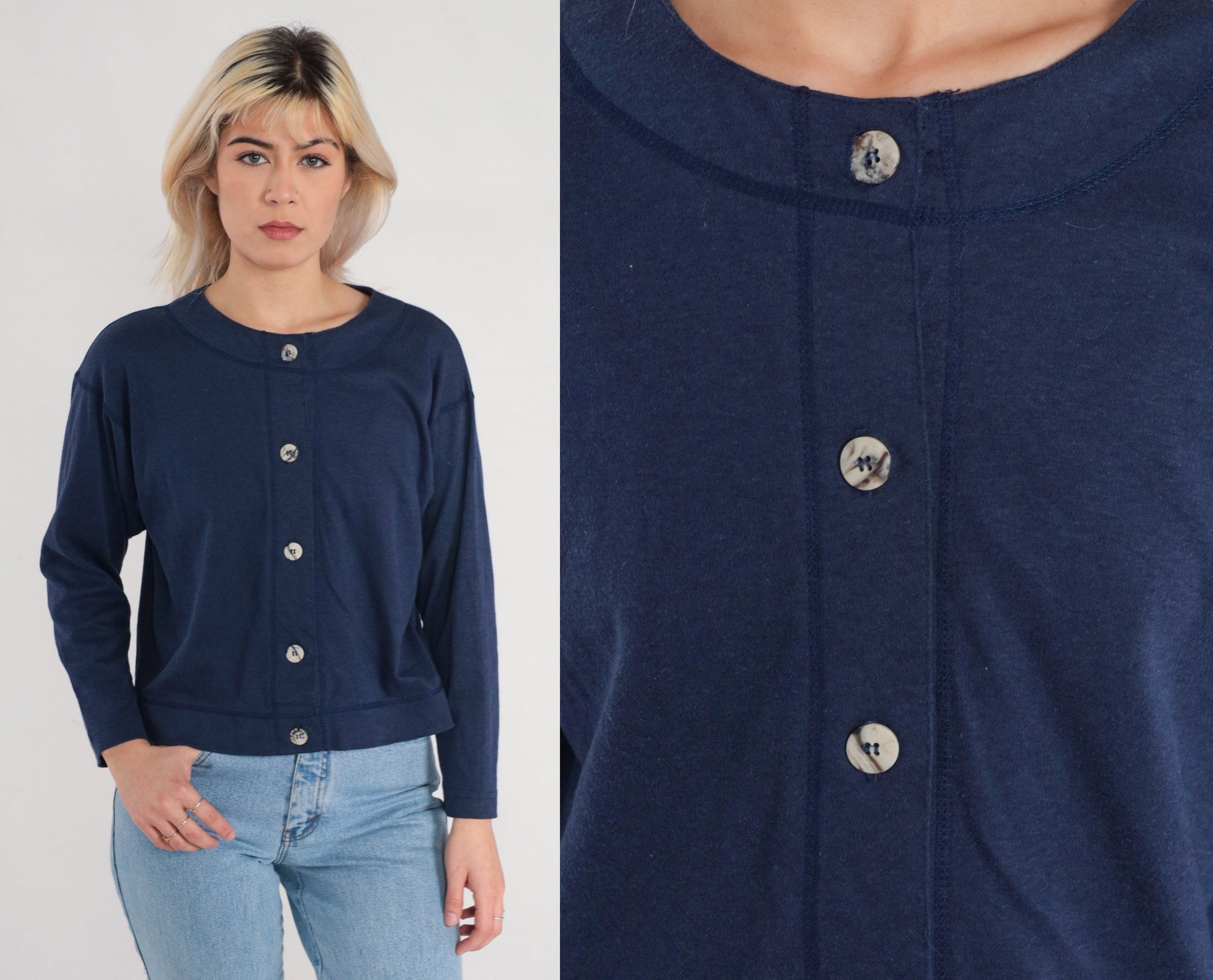 90s Navy Blue Button-Up Shirt Long Sleeve Cotton Blend Small S